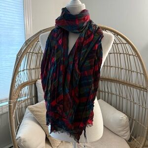 Talbots Plaid Rayon Scarf Red Green Blue Fringe Wrap NWT